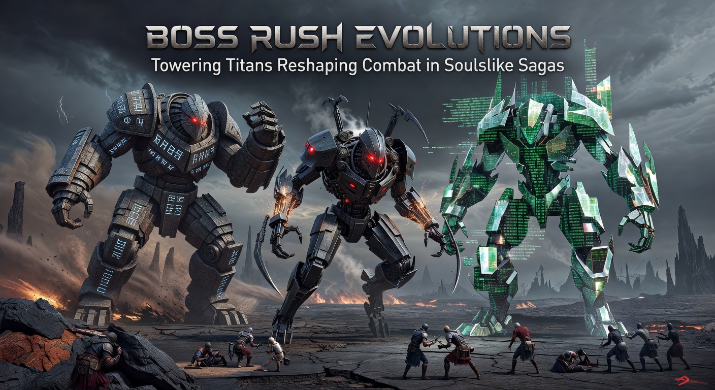 A colossal titan boss towering over a lone warrior in a dimly lit arena, sparks flying from clashing weapons in a classic soulslike showdown