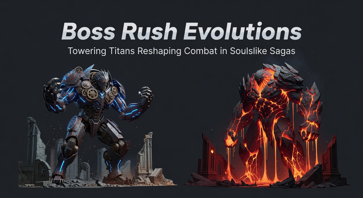 Intense multi-boss rush arena with warriors dodging sweeping attacks from gigantic stone golems and fiery behemoths under a stormy sky