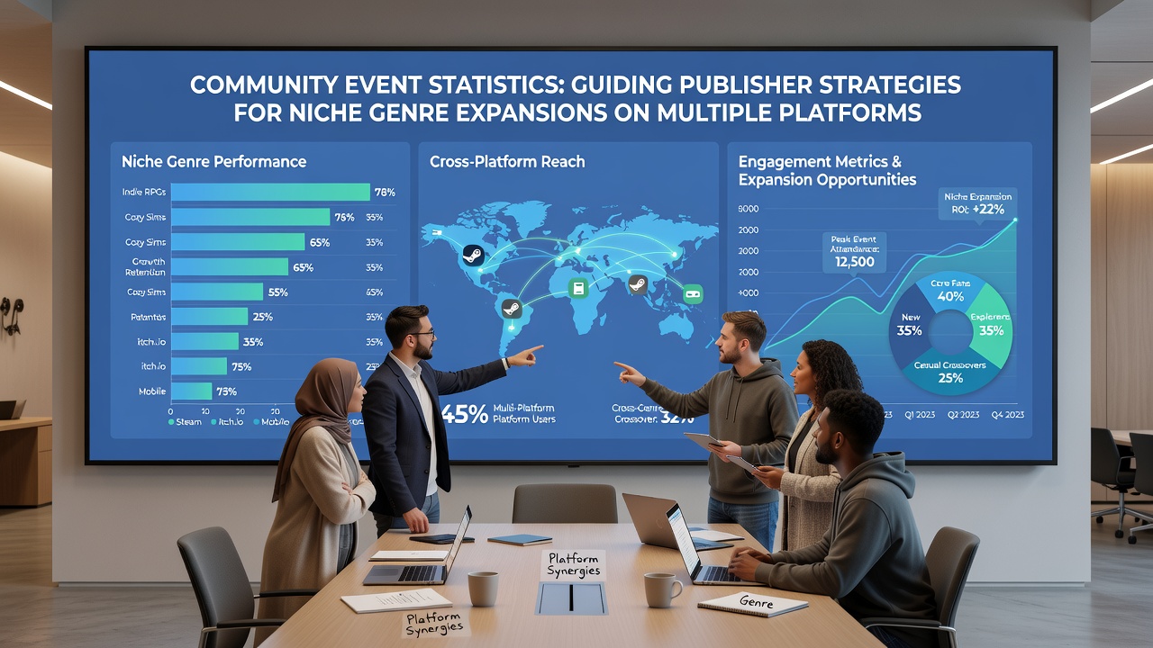 Publisher strategy meeting analyzing community event data for niche genre expansions