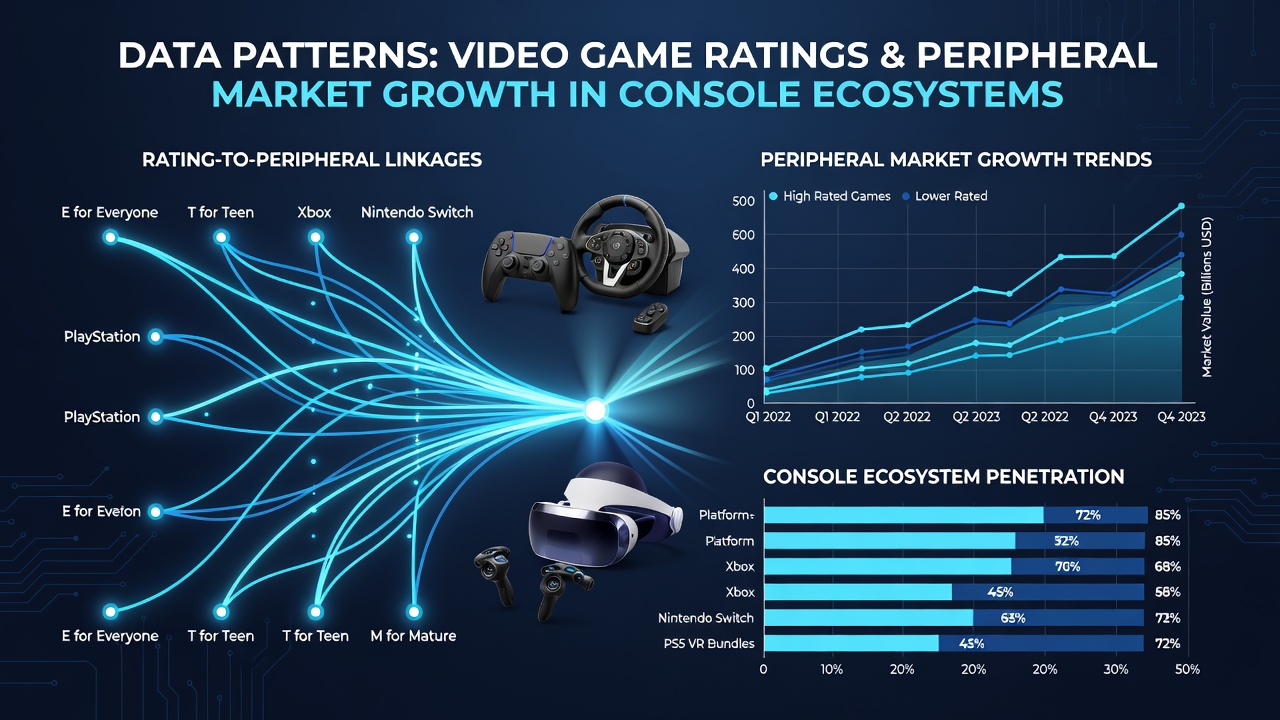 Infographic illustrating peripheral market growth statistics linked to console game ratings in 2026