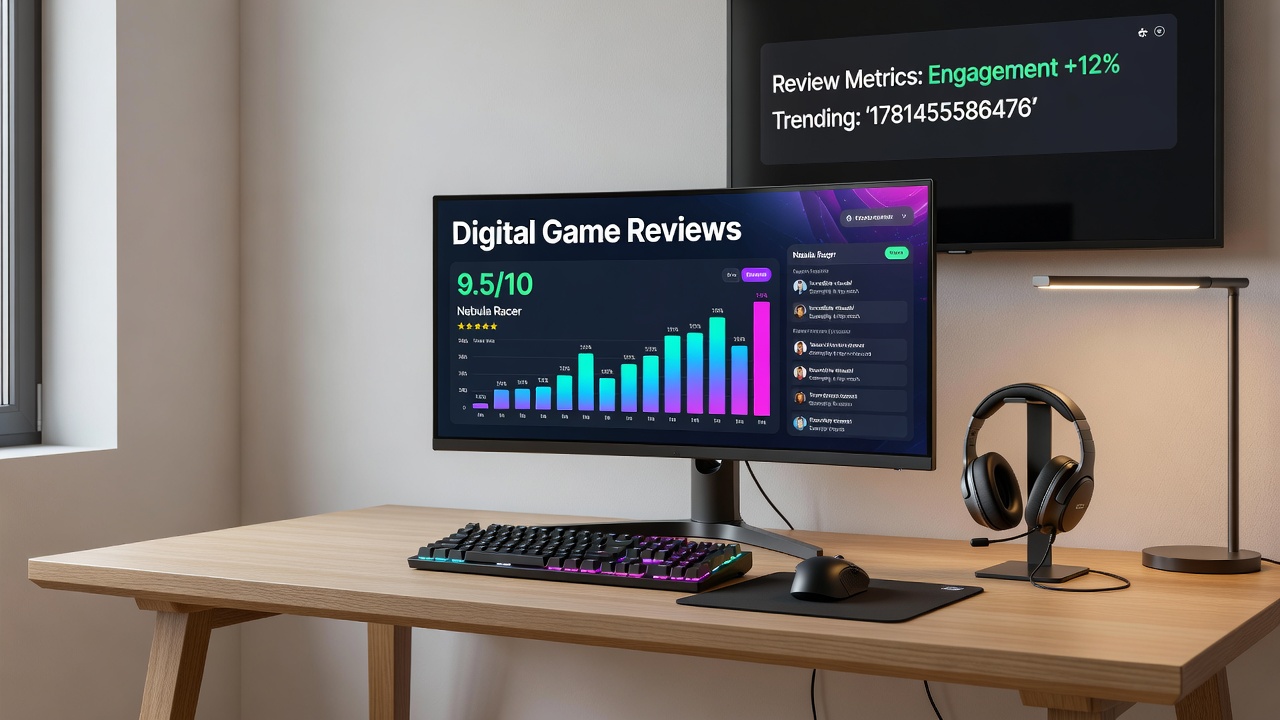 Developers analyzing charts of review scores and player engagement metrics on multiple digital storefronts