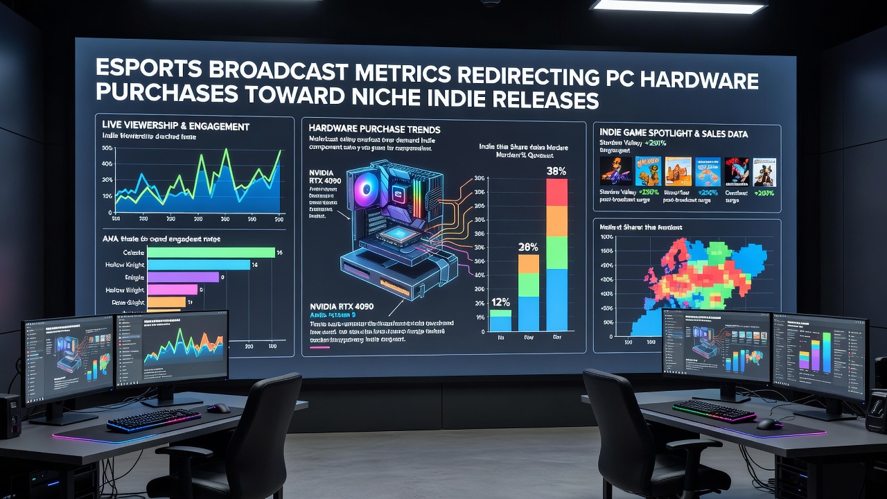 PC hardware components arranged with indie game discs and esports analytics charts