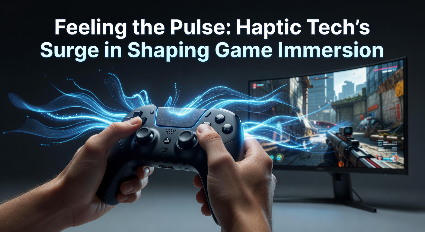 Gamer gripping a controller with visible haptic actuators, immersed in a vibrant virtual battlefield