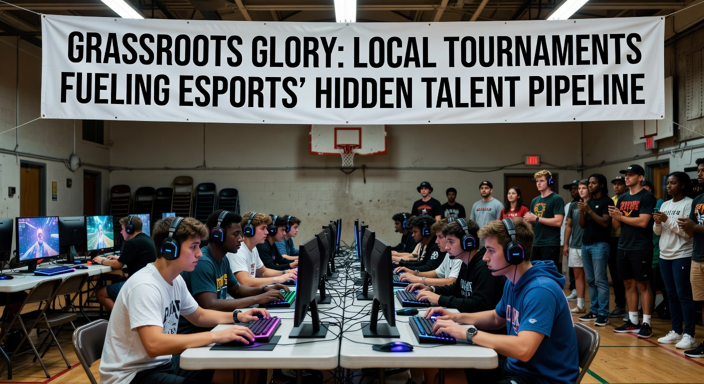 Crowd at a local esports tournament cheering players on stage amid flashing lights and gaming setups