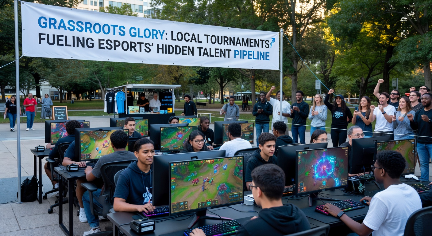Young gamer competing intensely at a grassroots esports event, focused on dual monitors with teammates nearby