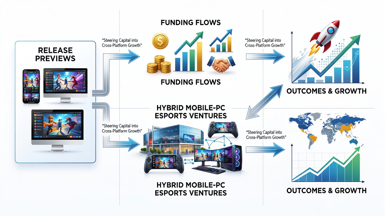 Team analyzing preview metrics for a cross-platform esports game during an investor presentation