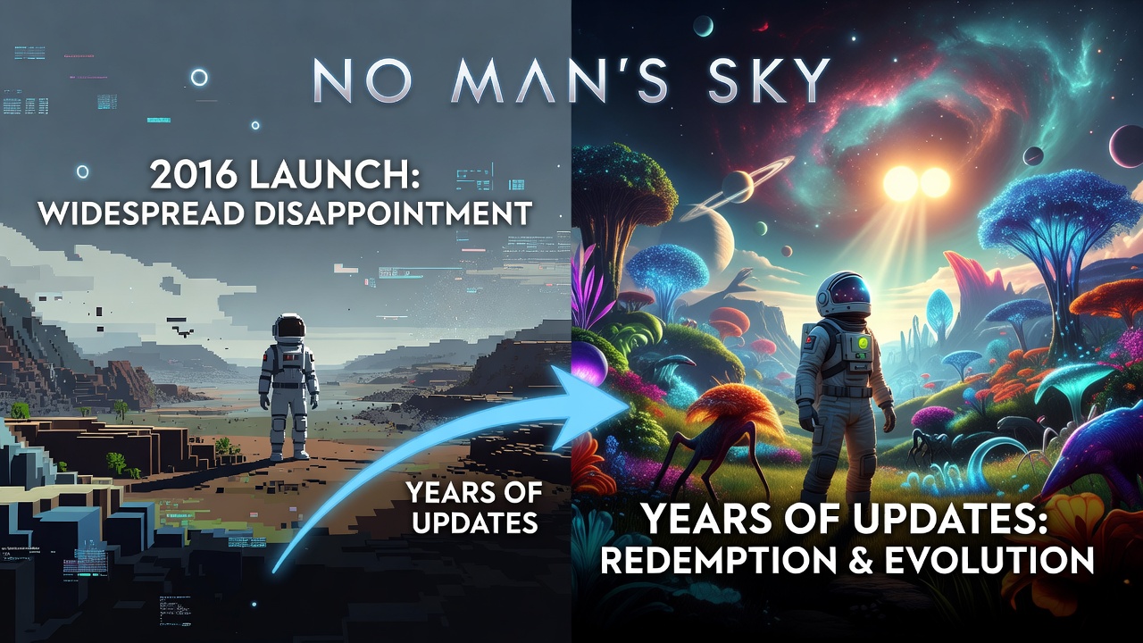 Comparison charts of No Man's Sky review scores and player counts from 2016 through 2026 showing steady improvement trends