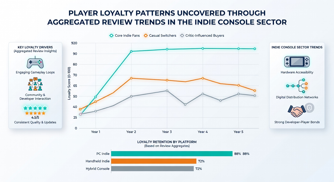 Infographic breaking down loyalty metrics by indie console genre and region