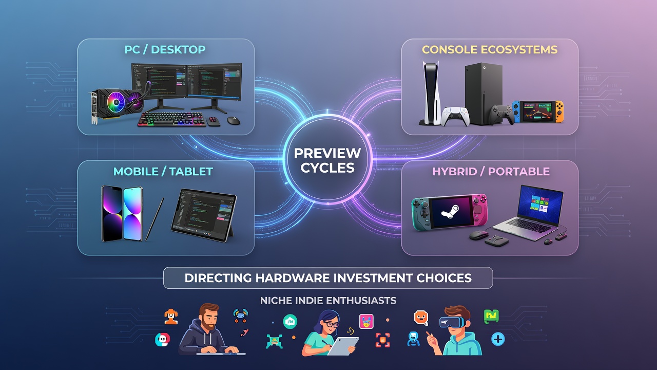 Niche indie enthusiasts examining preview builds on various gaming platforms including PC and console setups