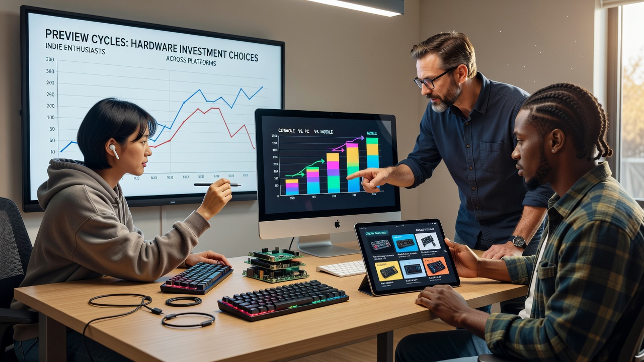 Indie game preview sessions showing hardware setups across different platforms with enthusiasts comparing performance data