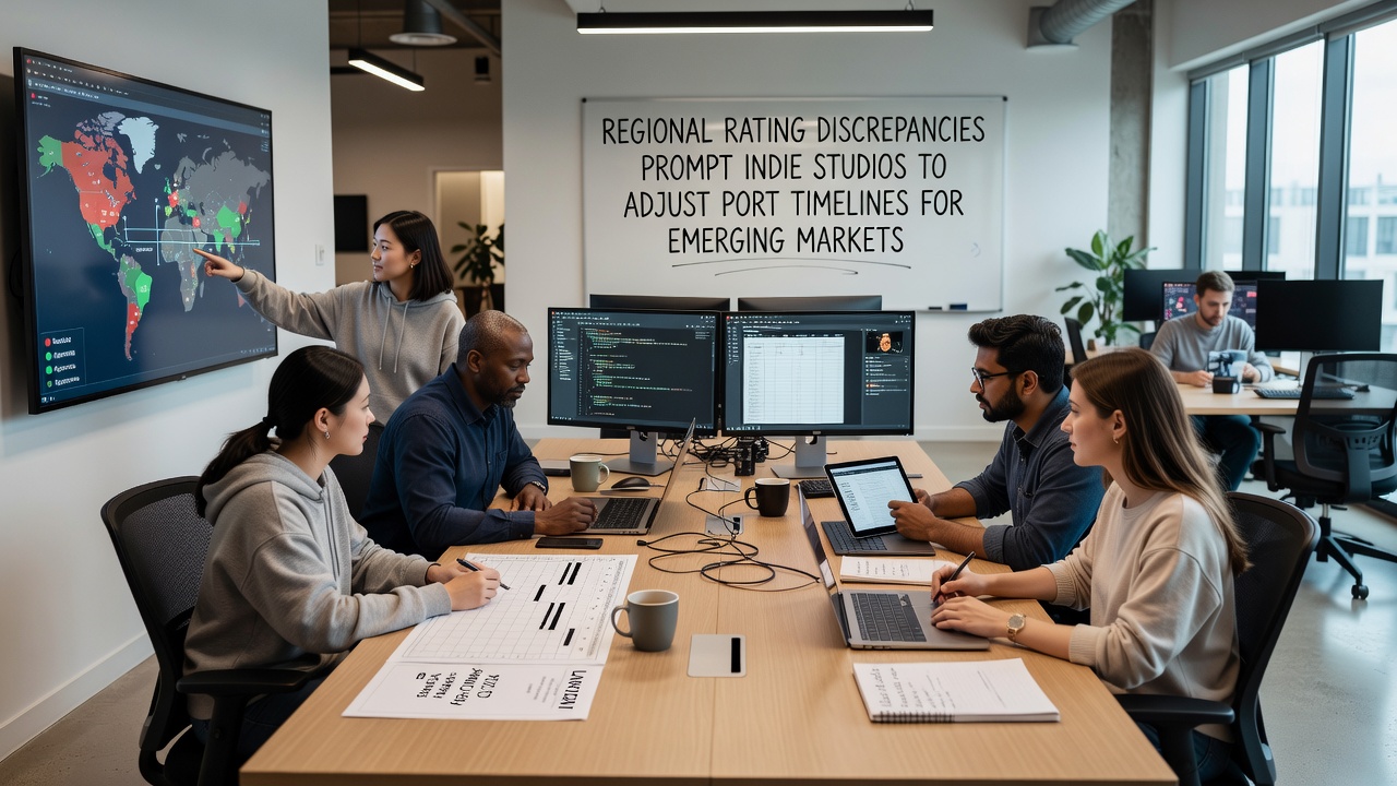 Developers discussing port timelines and regional compliance charts during a studio meeting