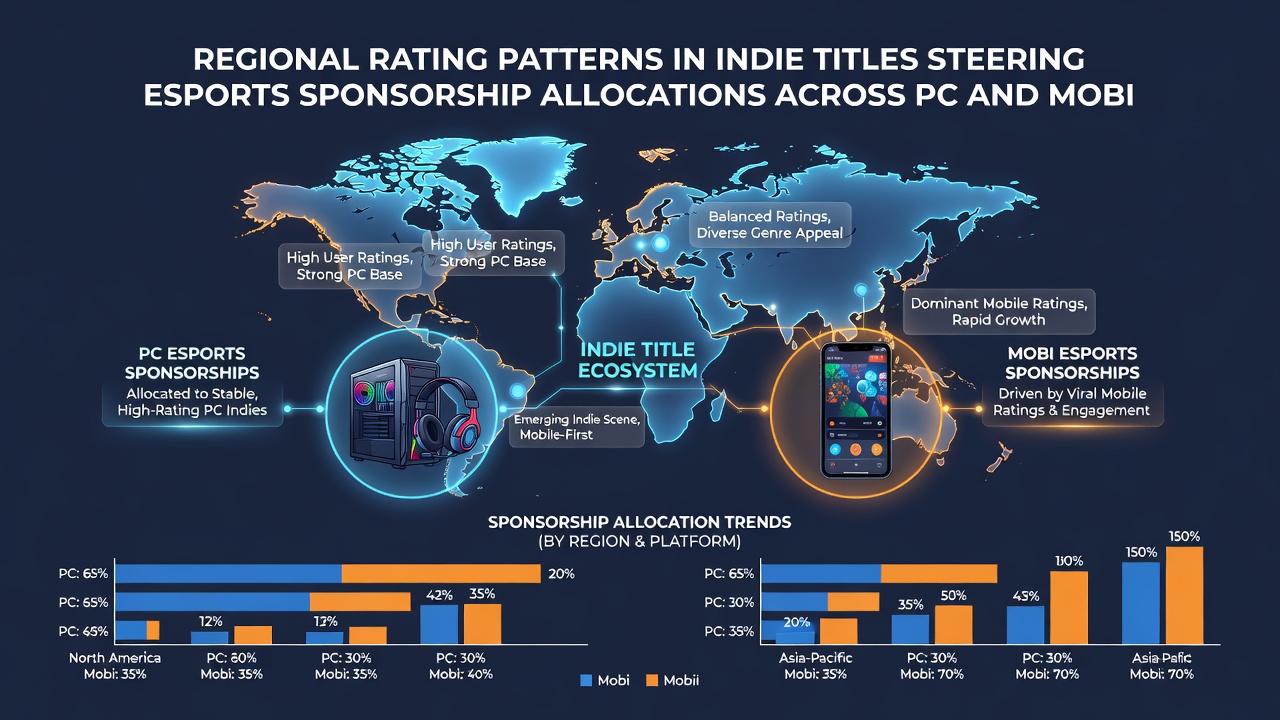 Sponsorship allocation maps comparing PC and mobile indie esports funding by region