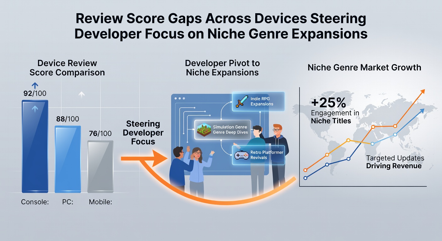 Chart showing review score differences across mobile, console, and PC platforms for various game genres in 2026