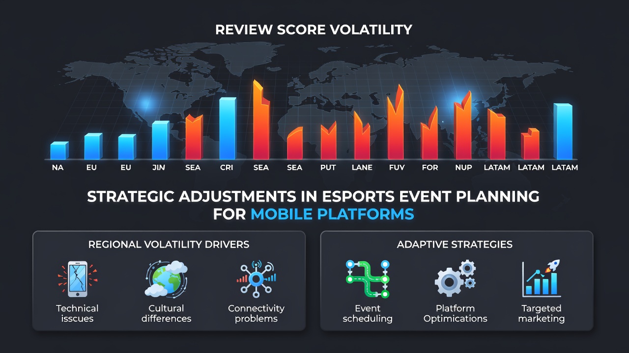 Regional review score charts for mobile esports titles showing volatility patterns across Asia, Europe, and North America markets