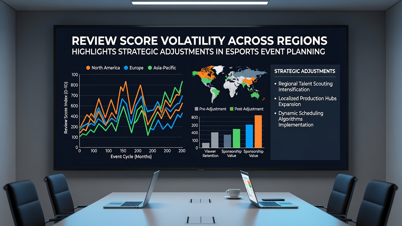 Mobile esports tournament venue with regional planners reviewing score analytics dashboards