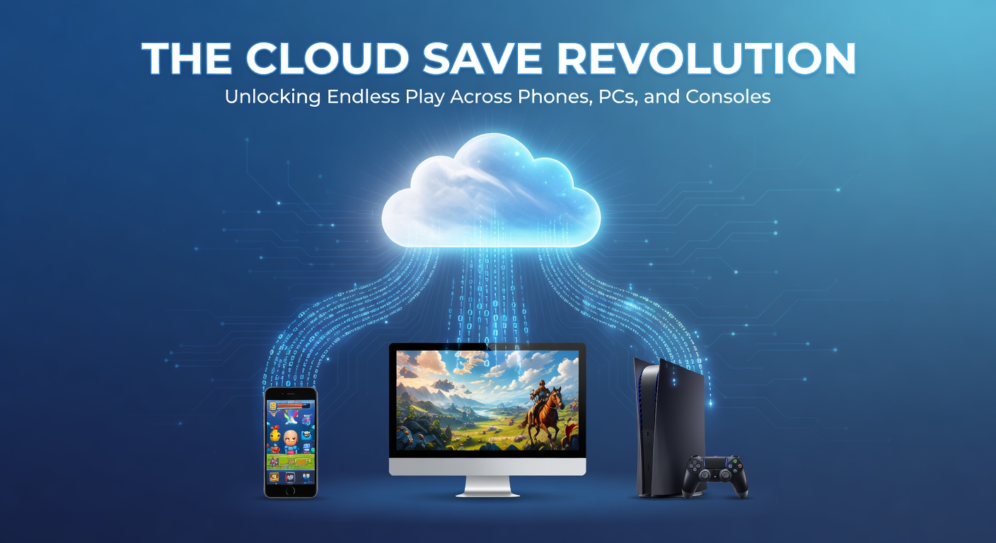 Gamers seamlessly transitioning a game session from a smartphone to a PC console setup via cloud synchronization, highlighting cross-device continuity
