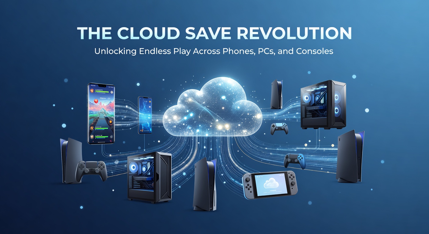A dynamic split-screen view showing the same game character progressing identically on a mobile phone, laptop, and gaming console, connected by cloud icons