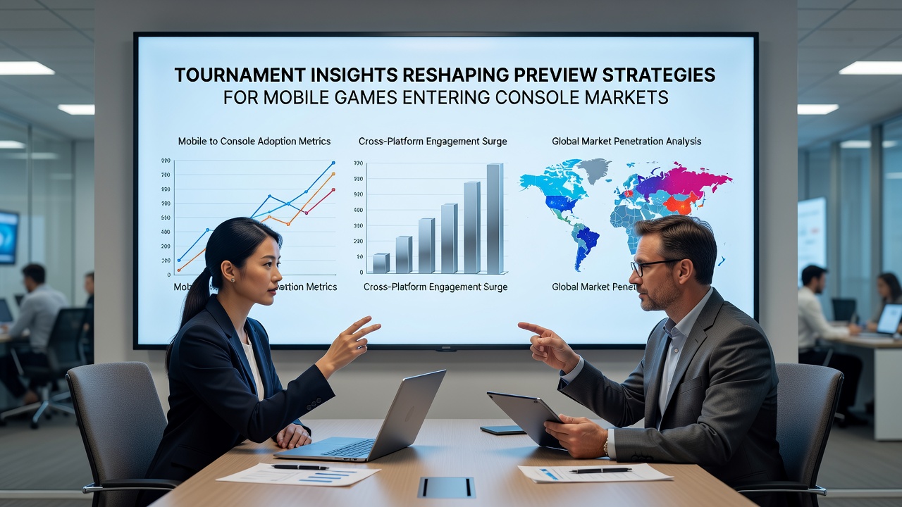 Analysts comparing mobile tournament statistics with console preview build metrics on dual monitors
